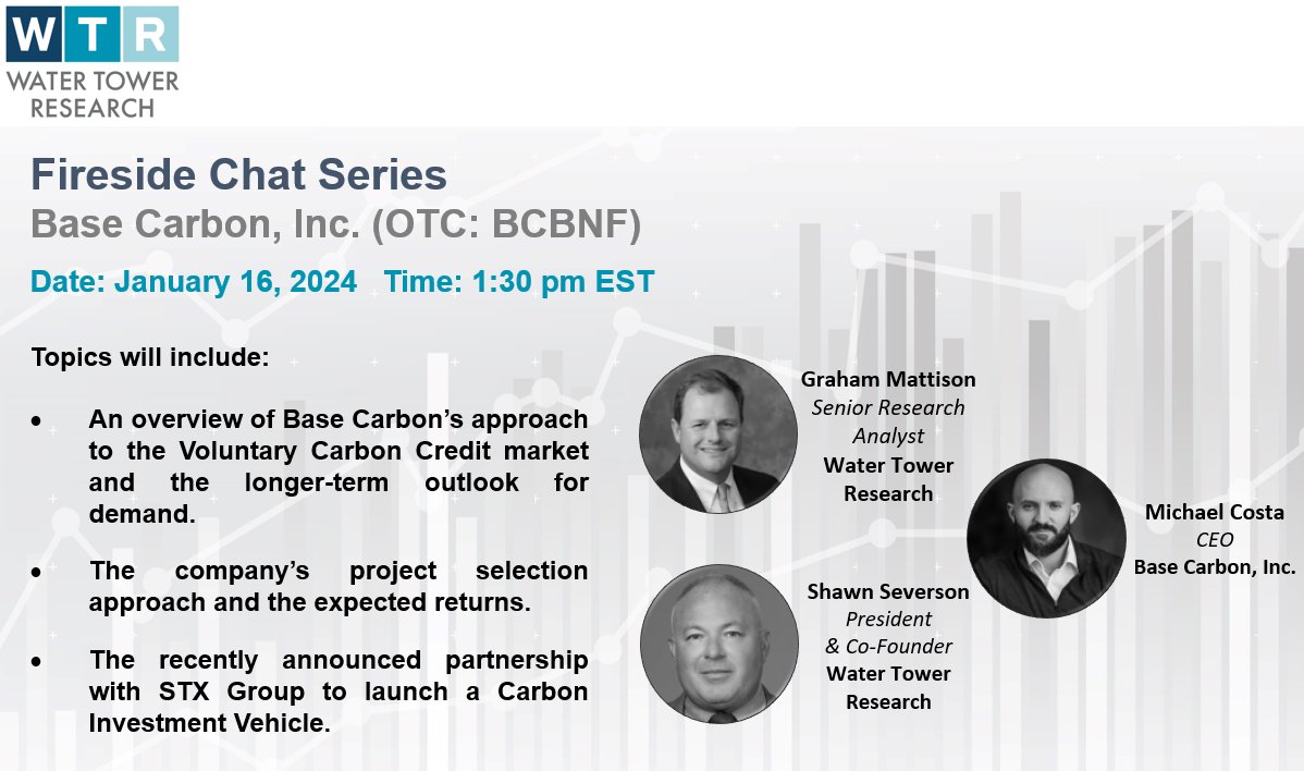 WTR_Research's tweet photo. Join Graham Mattison and @SSeverson_WTR for a fireside chat with @BaseCarbonInc CEO Michael Costa on Tuesday, January 16th, at 1:30pm ET.
#carbonmarkets #carbonremoval #sustainableinvesting #esgfinance $BCBNF
https://t.co/nE0uG1F5KQ https://t.co/OpW4IitwFN