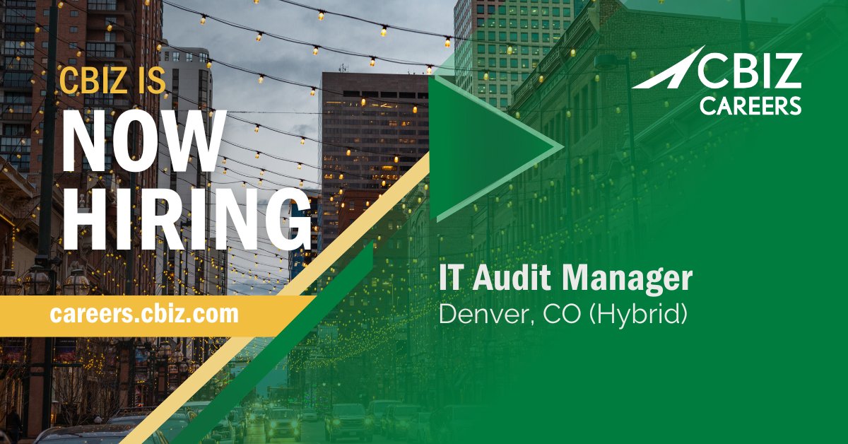 Are you a skilled IT professional looking for a #newjob in Denver? ✅ Look no further, #TeamCBIZ is searching for someone like you! 🤩 Learn more about this opportunity and apply online today!
okt.to/HCx3wF

#CBIZCareers #Hiring #DenverJobs