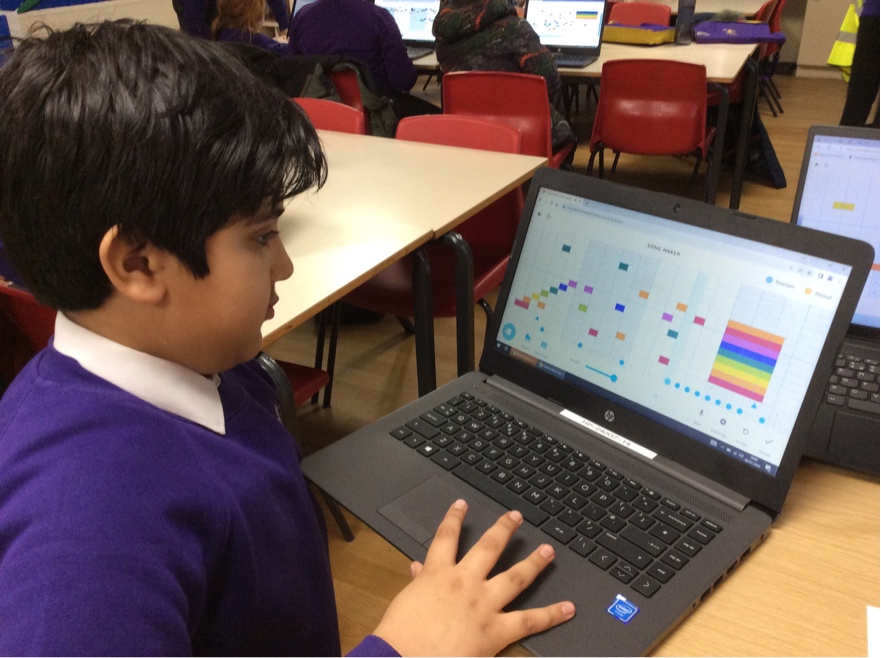 ECS_Keighley's tweet photo. Our Code Club crew had fun after school making music with Chrome Music Lab: We tried to create music linked to our year group themes, including the Titantic and Stone Age, as well as a space theme, inspired by the latest Nasa Artemis 2 mission to the moon! @NASA #chromemusiclab https://t.co/g019aPPoB2
