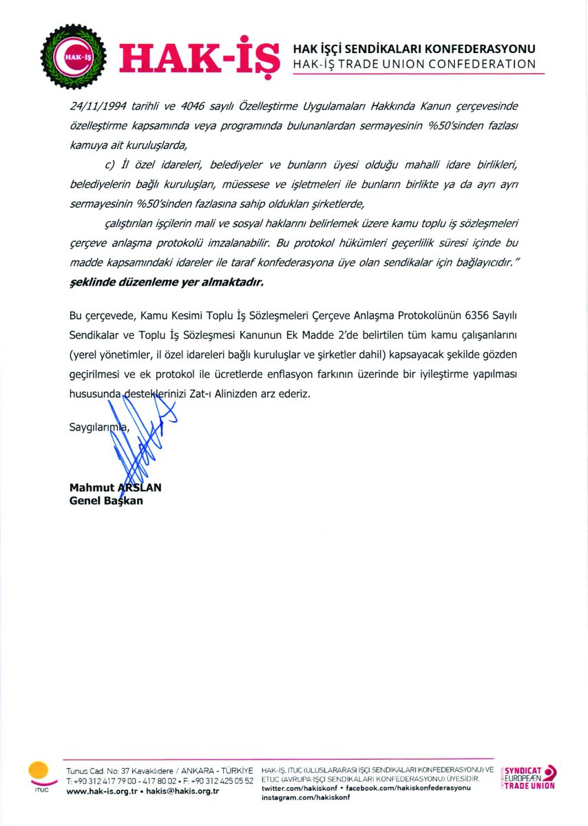 Konfederasyonumuzdan Bakan Işıkhan’a Ek Protokol Çağrısı

HAK-İŞ Genel Başkanı Mahmut Arslan, Çalışma ve Sosyal Güvenlik Bakanı Prof. Dr. Vedat Işıkhan’a yazılı çağrıda bulundu. Arslan Bakan Işıkhan’a gönderdiği mektupta, 2023 yılı Kamu Çerçeve Protokolü’nün tüm kamu işçilerini