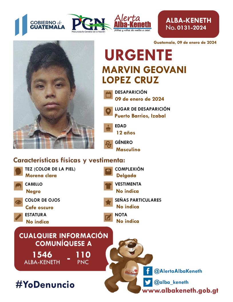 alba_keneth's tweet photo. #AlertaAlbaKeneth ⚠️| Marvin Geovani López Cruz, de 12 años de edad. Desapareció el 09 de enero de 2024, en Puerto Barrios, Izabal.

🔄Comparte y ayúdanos con su localización.           
📞Si tienes información llama al 1546. https://t.co/jFgcHncan7
