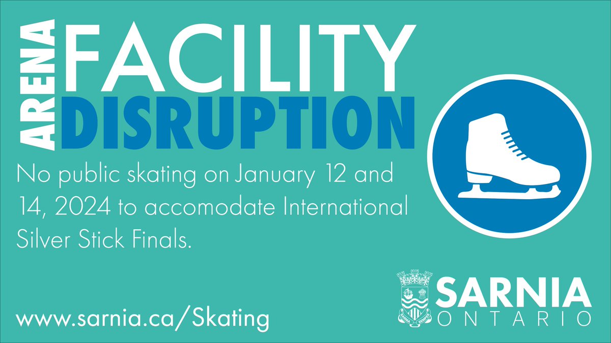 Heads up skaters! Public skating will be unavailable this Friday and Sunday (January 12 and 14) as we welcome youth hockey players from around the world to our arenas for the International Silver Stick Finals.

We apologize for any inconvenience

sarnia.ca/Skating
