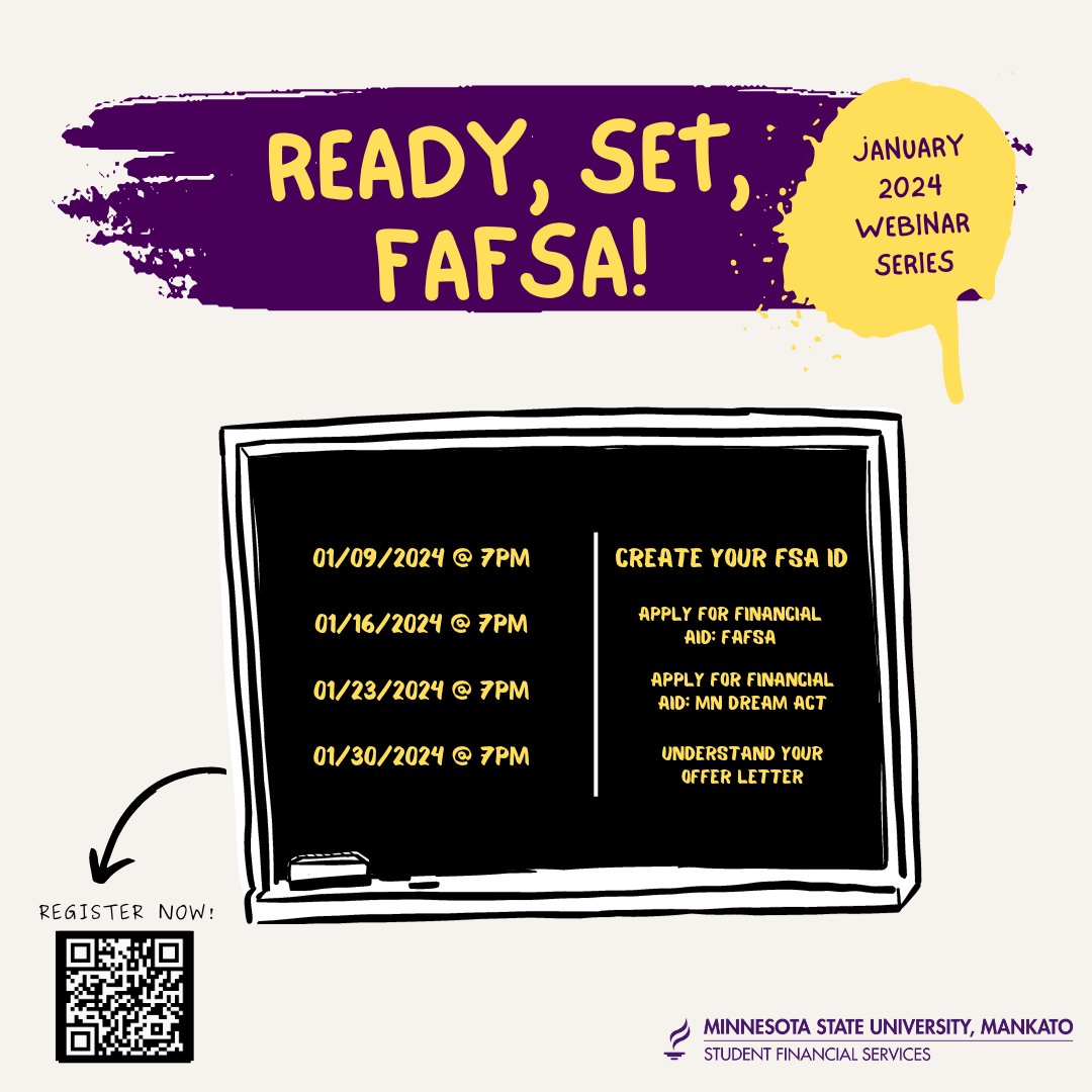 IT'S BACK!  Our friends over at Minnesota Office of Higher Education is bringing  back the Ready Set FAFSA virtual event: January 2024 Series! 

This  event is extremely helpful to understand important information  regarding the Financial Aid Process. Register Now!