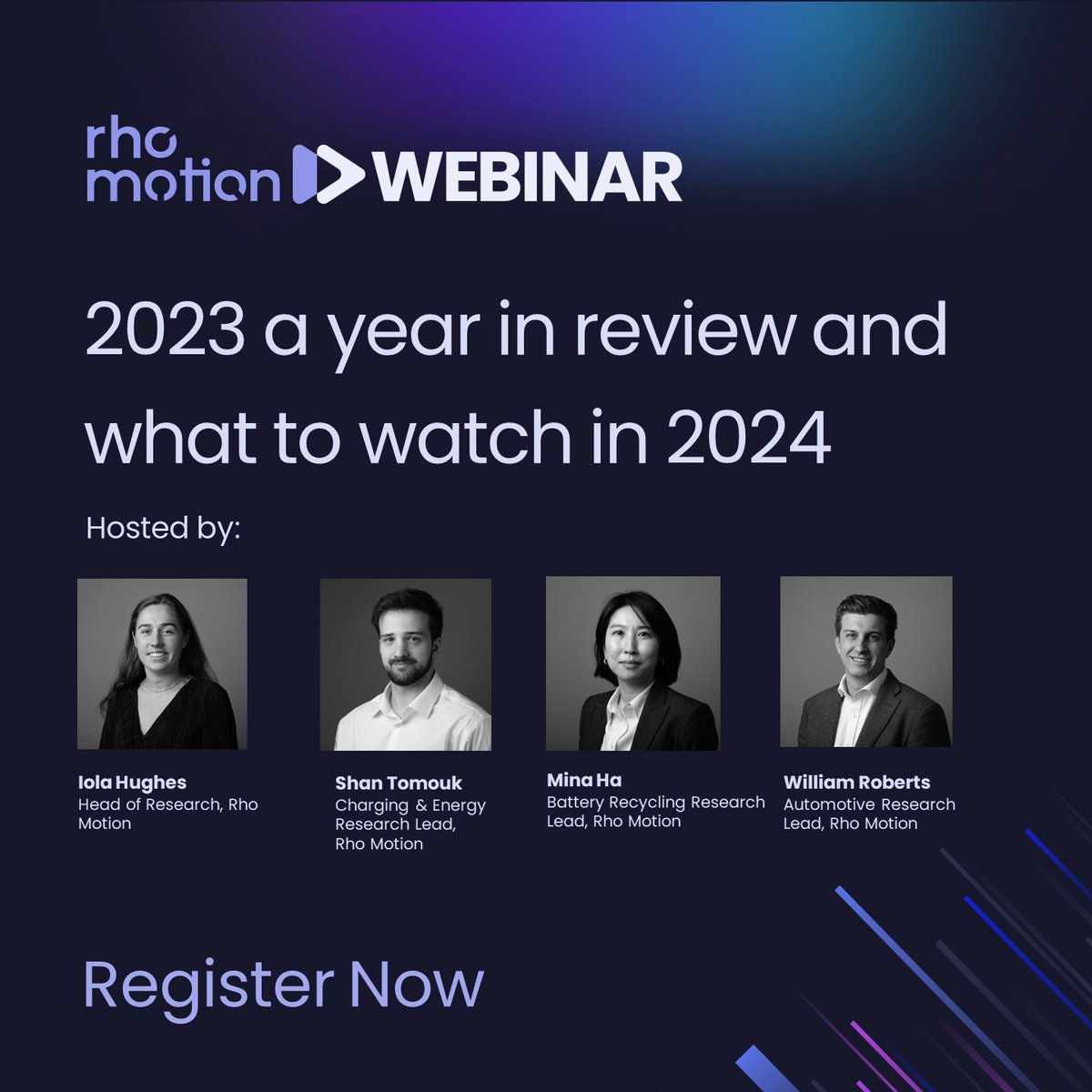 rhomotion's tweet photo. Rho Motion Webinar: 2023 a year in review and what to watch in 2024
30th January | 1pm UK time
 
Join our expert analysts Iola Hughes , William Roberts, Mina Ha, Shan Tomouk as they reflect on the EV & battery markets in 2023 and discuss our expectations for 2024.

Register here: https://t.co/zZWL2U3BY7

We will be exploring the following:
 
- Evaluating EV Growth in 2023: How did China, the EU and the US perform?
 
- Policy Update: What changes in policy have we seen in 2023, and what can we expect in 2024?
 
- 2024 Elections: What are the implications of an election in the EU and the US in 2024?
 
- Identifying Market Leaders: Who are the winners and losers, and which OEMs are winning the EV race?
 
We hope you can join us.
 
#EnergyTransition #EV #EVBattery #EVCharging #BatteryRecycling #RhoMotion