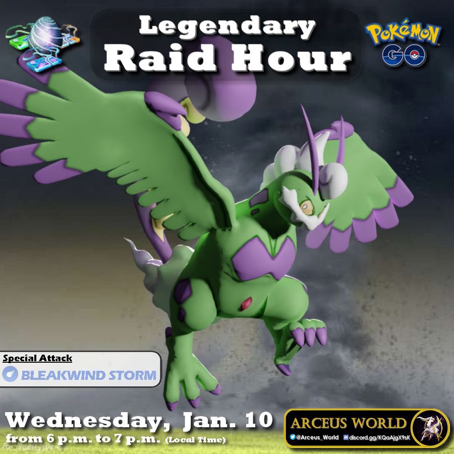 Arceus_World's tweet photo. Legendαrч Rαıd Hour ꧁❂✨Ƭнєяιαη Ƒσямє Ƭσяηαɗυѕ✨❂꧂
✰ Wed, Jan 10 from 6pm to 7pm (Local Time)
❣️Like & RT💝
#PokemonGO #ExRaid #PokemonLegendsArceus #ShinyCheck #色違い #ポケモンGO #pokemon #Tornadus #トルネロス
🇺🇸 🇬🇧 https://t.co/AIfwEKNsII