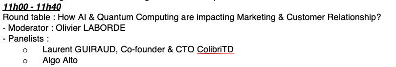 Revgigi's tweet photo. From 11 AM to 11:40 AM at #CES2024W3TF Round Table: "How AI & Quantum Computing are Impacting Marketing & Customer Relationship" with @labordeolivier and panelists Laurent Guiraud, Co-founder & CTO of ColibriTD, and representatives from Algo Alto at #GlobalPavilion56039 !! 🚀

@FmFrancoise @christmolinari @labordeolivier @TheAdityaPatro @chidambara09 @jblefevre60  @fsorel @nincoroby  @garyshapiro @kanezadiane @RLDI_Lamy @Khulood_Almani @JimHarris @Fabriziobustama @SpirosMargaris @CurieuxExplorer @HaroldSinnott @rwang0 @GlenGilmore @ORIGINPCCEO @DailyDOOH @enricomolinari @bloggerwomen @NaomiSimson @kmfabrizio @Xbond49 @VegasBiLL @Donnaantoniadis @estellatse @DougonIPComm @ZAKtalksTECH @mpetricone @cohenHD @shesconnected @TiffanyMMoore @paolopescatore @_Smirky @XavierAncelin @TribeGreywolfVR @c4trends @enilev

#CES2024 #CES2024W3TF #CES2024Web3TF #CES2024Web #CES2024Web3TokenizationFintech #CES2023W3T #TechRevolution #CES2024Countdown #CES2024Bigbang