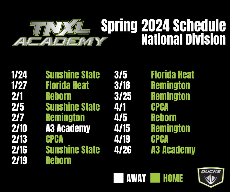Mark your calendars for some great Baseball 🗓️✍🏼 TNXL National Team Schedule released! 
The schedule is finalized and we couldn’t be more thrilled to see our National team square up against some of the most competitive baseball academies in the area 
#academybaseball #quackquack
