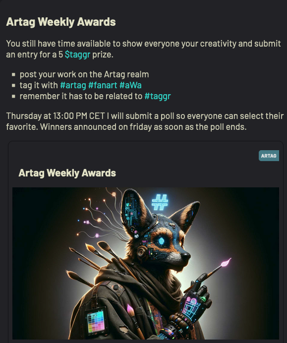 TAGGRsocial's tweet photo. Reminder for the #art contest #artag #realm #TAGGR
5 $taggr waiting for you
DDL: Thursday @ 3:00 PM CET
#icp #dao #sofi #p2e https://t.co/cwmh1mw6re