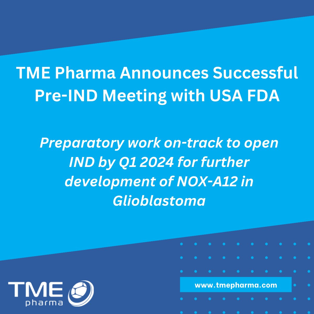 tme_pharma's tweet image. @tme_pharma announces successful advice meeting with @US_FDA discussing further clinical development of #NOXA12 in #braincancer. The company target to secure FDA approval of #IND application and expedited regulatory pathway request by Q1 2024. Read More: is.gd/YZcy9K
