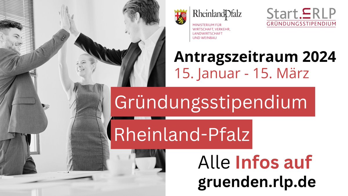 Das Gründungsstipendium „Start.in.RLP“ geht in die nächste Runde - bis zu 12.000 Euro für innovative Vorhaben möglich. Eure Bewerbung könnt Ihr  vom 15. Januar bis 15. März einreichen.

Weitere Informationen erhaltet ihr über den Link 👉 gruenden.rlp.de/de/startinrlp/
