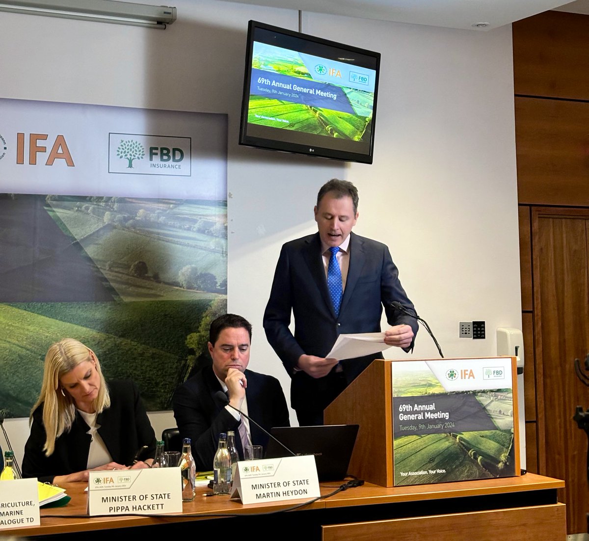 Minister <a href="/McConalogue/">Charlie McConalogue</a> addressing the <a href="/IFAmedia/">Irish Farmers' Association</a> AGM in the Farm Centre today. Joined by Ministers <a href="/pippa_hackett/">Pippa Hackett</a> and <a href="/martinheydonfg/">Martin Heydon</a>. His address includes reference to the long awaited agri food regulator role which aims to bring more transparency on pricing within the food chain.