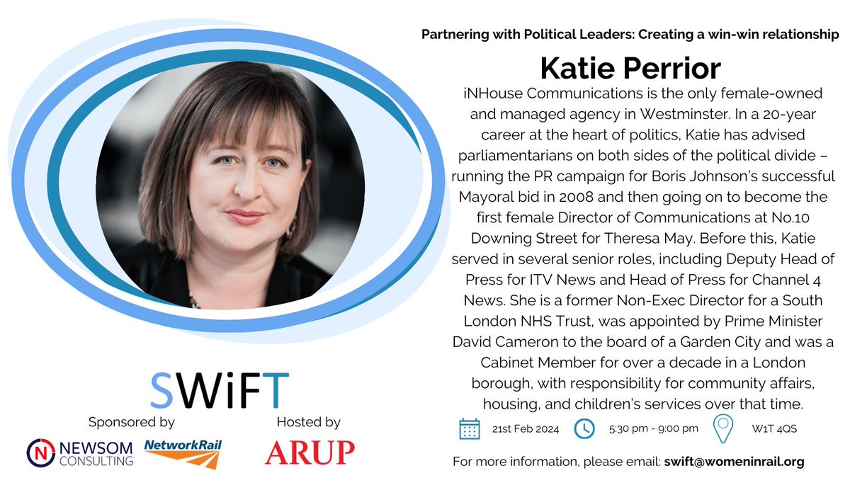 Join Katie Perrior, Gain invaluable insights from Katie's expertise. To secure your spot, email swift@womeninrail.org. Don't miss this opportunity for valuable insights! #SWiFTEvent #PoliticalPartnership
