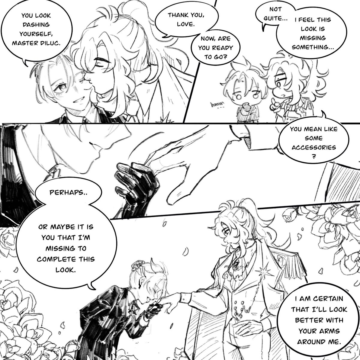 HariiNezumi's tweet photo. [1/3] “Dress Up, Kiss up.”

#Albeluc comic i did with @Brotato_Chibs June last year but kept forgetting to post here 🙉🙉 https://t.co/ABCryeaflZ