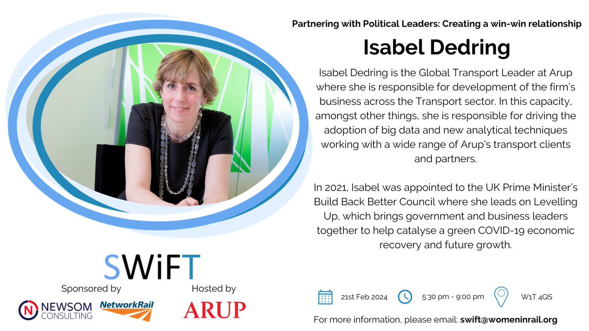 Meet Isabel Dedring, Isabel brings extensive expertise in unlocking professional potential. To register, email swift@womeninrail.org. Don't miss this opportunity for valuable insights! #PoliticalPartnership #SWiFTEvent