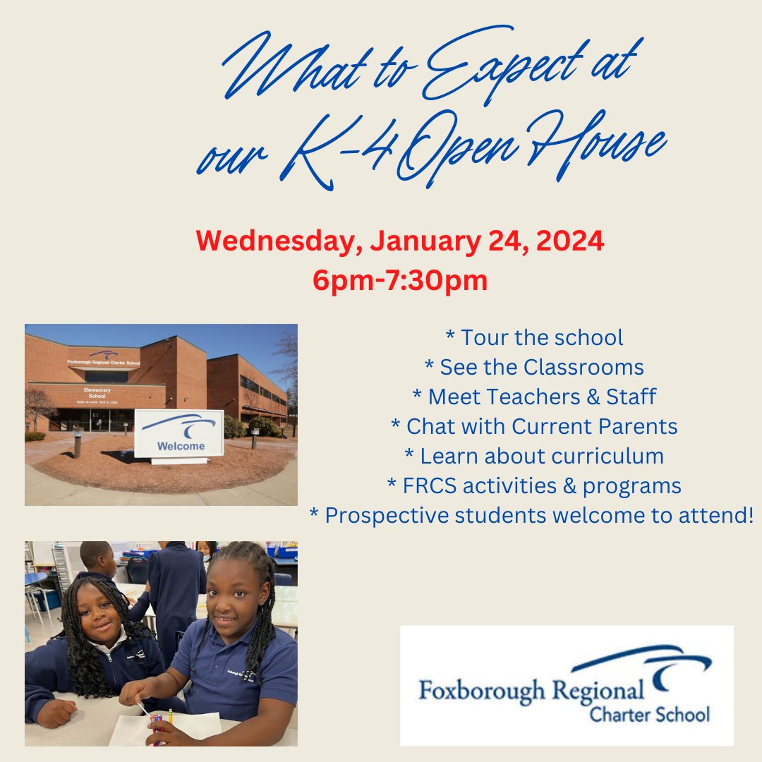 📣 SPREAD THE WORD! @Foxboroughrcs K-4 Open House for Prospective Families is happening Wednesday, 1/24 from 6pm-7:30pm! This is a great chance for families who have students entering grades K-4 to learn more about our school! More Details & RSVP HERE ▶ bit.ly/3wPEnbI
