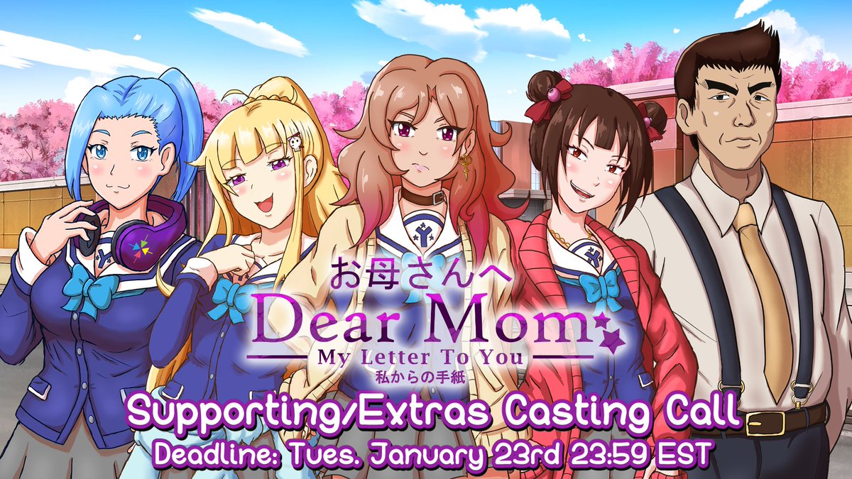 DearMomVN's tweet photo. The casting call for #DearMomVN is now LIVE!!! Supporting Roles (4F &amp; 2M) + Extras! 
🔽All info on how to audition below! 🔽
https://t.co/rtQLWh0cP1

Deadline is Tuesday, January 23rd @ 23:59 EST ⏲️

Good luck and have fun!!!✨
#datingsim #visualnovel #voiceacting https://t.co/mYHe7Meqwd