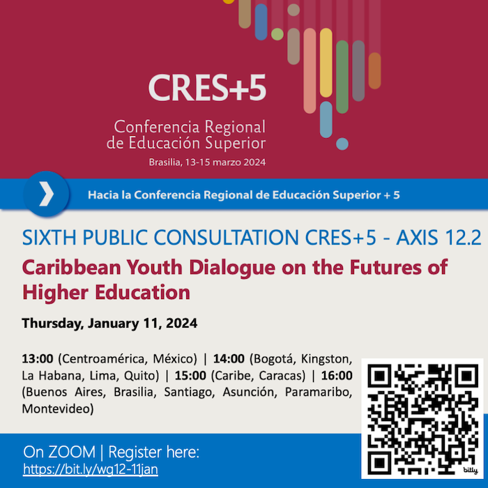unesco_iesalc's tweet photo. 💡 Take part in the 6⃣ public consultation of axis 12.2 that will include a Caribbean Youth Dialogue on the Futures of #HigherEducation 🌎

🗓️ January 11, 2024
🕙 15:00h (GMT-4, Caracas)

More information and registration 👉🏼 https://t.co/iCOLPGnzpv https://t.co/3XpfjYxNal