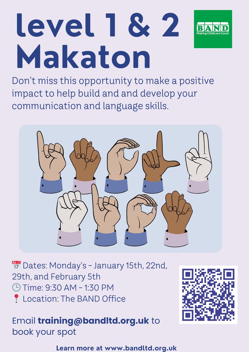 Level 1 &amp; 2 Makaton course
Course Details:
Dates: Monday's - January 15th, 22nd, 29th, and February 5th
Time: 9:30 AM - 1:30 PM
Location: The BAND Office
This course is suitable for those working in childcare and play settings. Email training@bandltd.org.uk to book