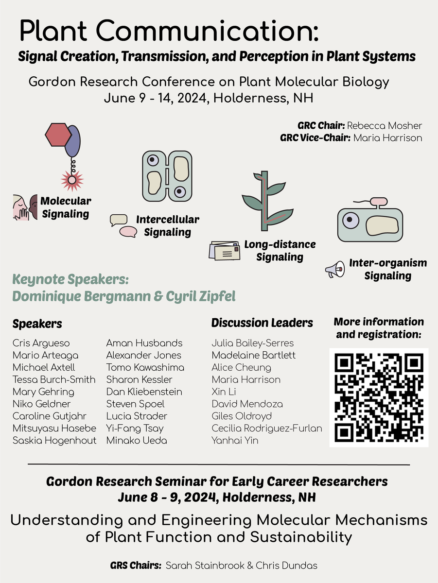 Please RT 🙏 I’m thrilled to announce the 2024 Gordon Conf on Plant Molecular Biology (Jun 9-14) & associated GRS (Jun 8-9). Our amazing speakers will present the latest in Plant Mol Bio with theme of Plant Communication grc.org/plant-molecula…