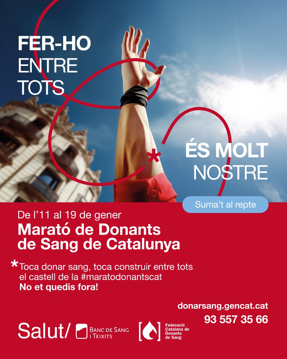 🩸 Tenim nou repte: arribar a les 10.000 donacions en una setmana a tot Catalunya!

💪 Necessitem remuntar les reserves de sang, afectades per Nadal.

👉 De l'11 al 19 de gener, comptem amb tu per aquesta #maratodonantscat.

Punts de donació 👉 gen.cat/3vpRfrr