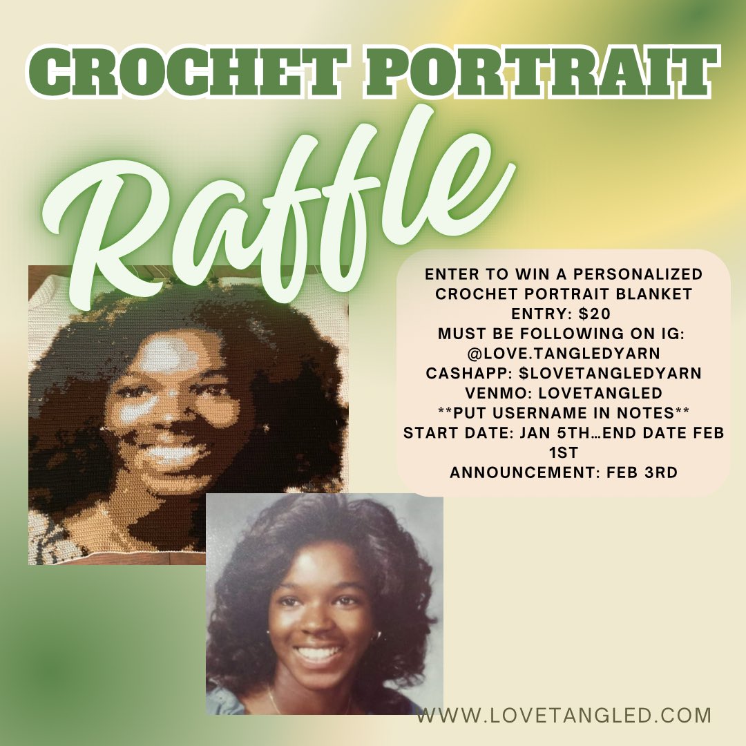ENTER TO WIN A PERSONALIZED CROCHET PORTRAIT !
Must be following me on IG: Love.tangledyarn