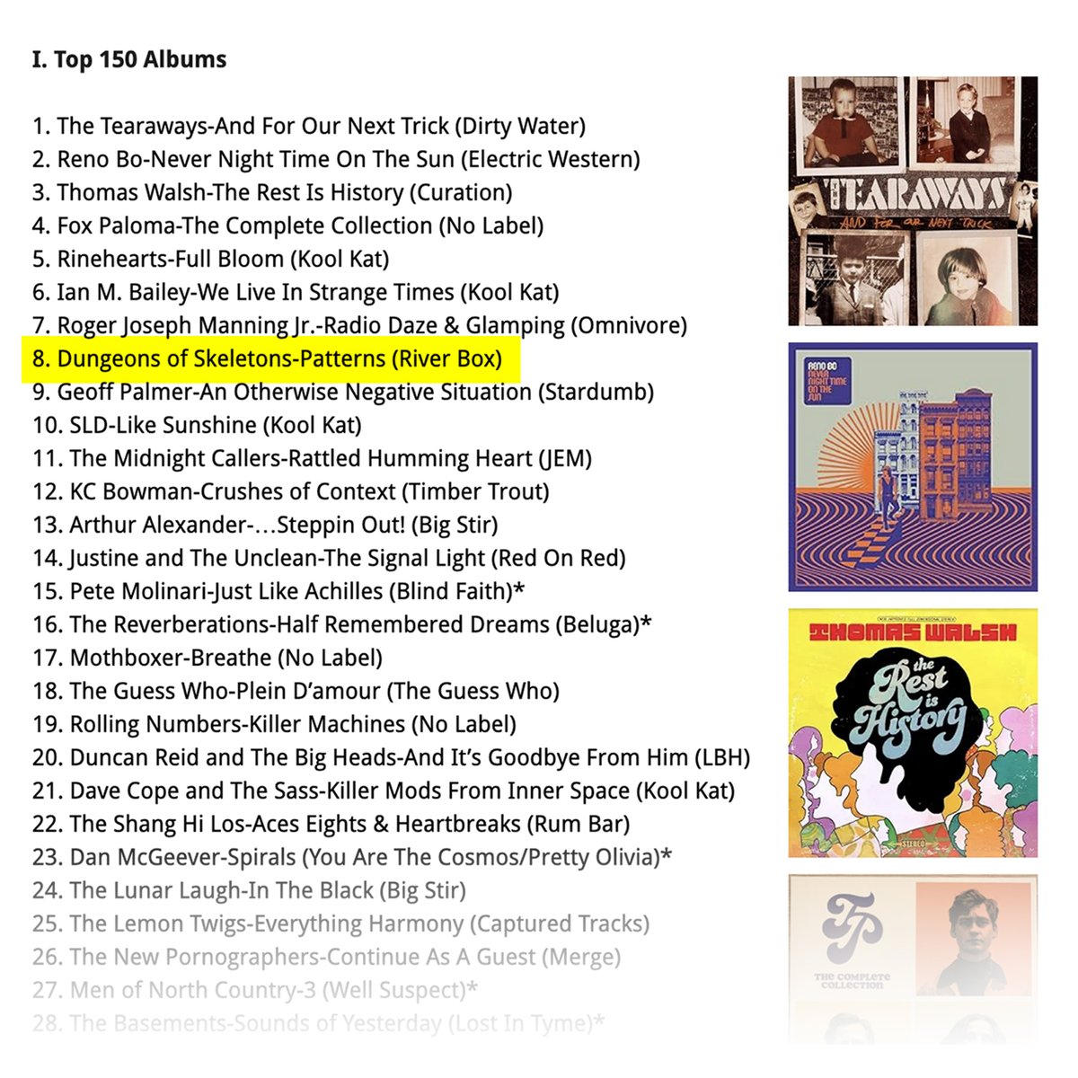 dungeonofskelet's tweet image. Whoa! Our album #Patterns scored #8 on the Top 150 Albums by International Pop Overthrow’s David Bash &quot;Best Of&quot; list. What an honor to be on such a great list with these #powerpop musicians. Thank you, David Bash! Check it out here: tinyurl.com/25ttmcfj