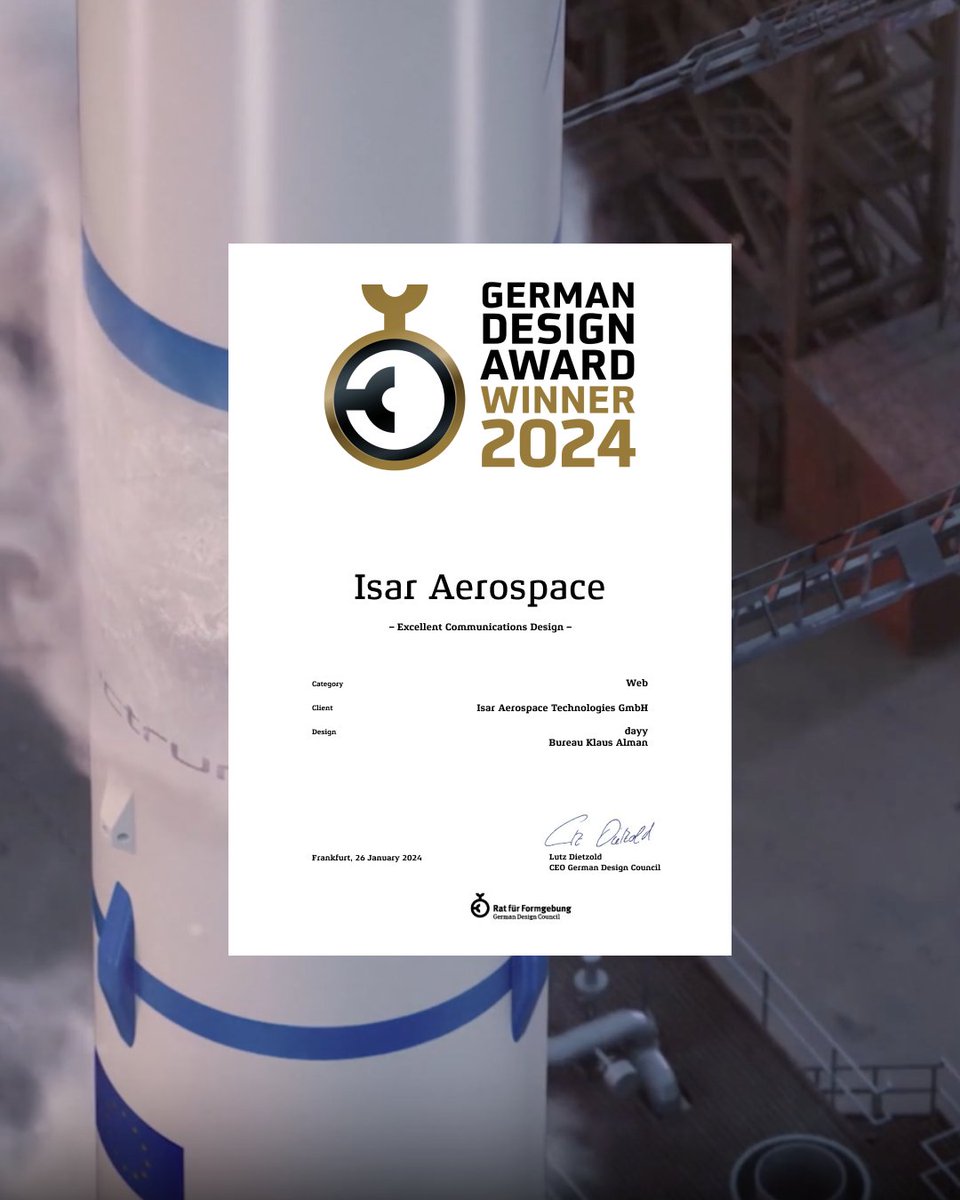 dayy's tweet photo. We are thrilled to share that two of our projects have won at the German Design Awards. 🏆🎉
In the category of Excellent Communications Design Web, Isar Aerospace became winner and Allyz/Allianz Partners received the award in Excellent Communications Design Corporate Identity. https://t.co/mk84uklB7q