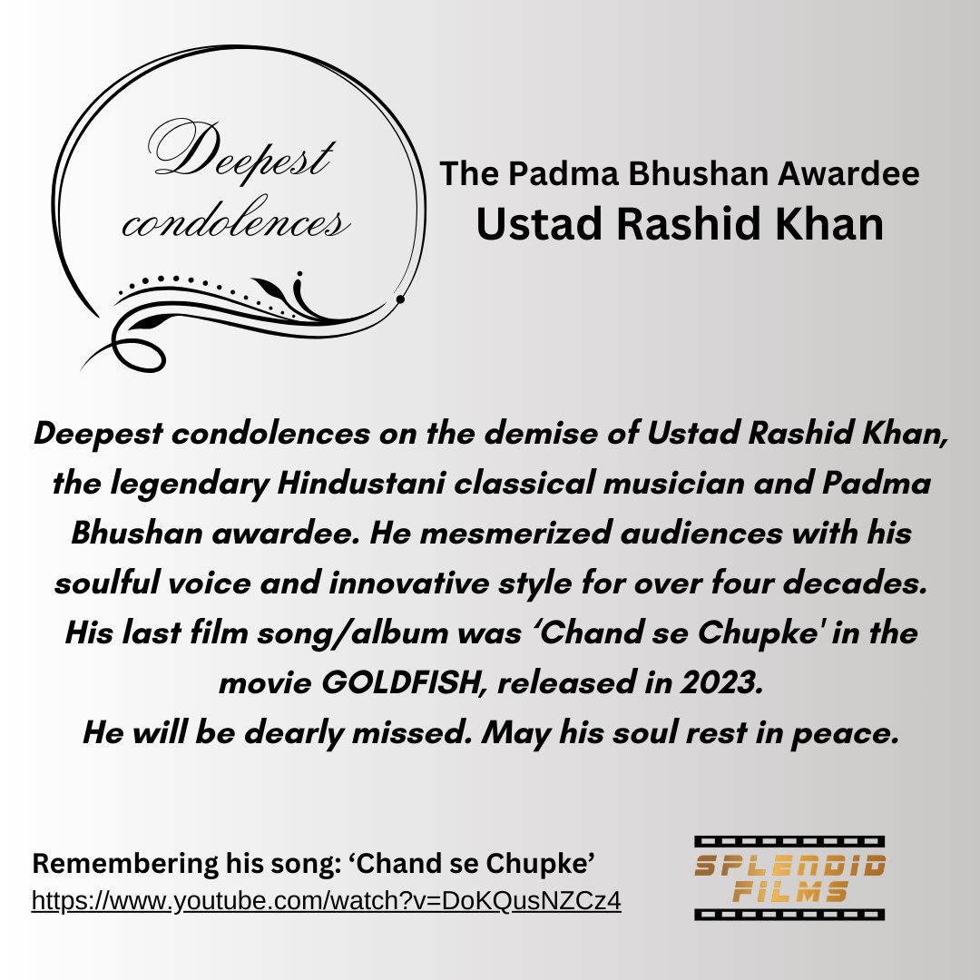 Ustad #RashidKhan , mesmerized audiences with his soulful voice and innovative style for over four decades. His last film song/album was ‘Chand se Chupke' in the movie GOLDFISH. He will be dearly missed. May his soul rest in peace. youtube.com/watch?v=DoKQus…