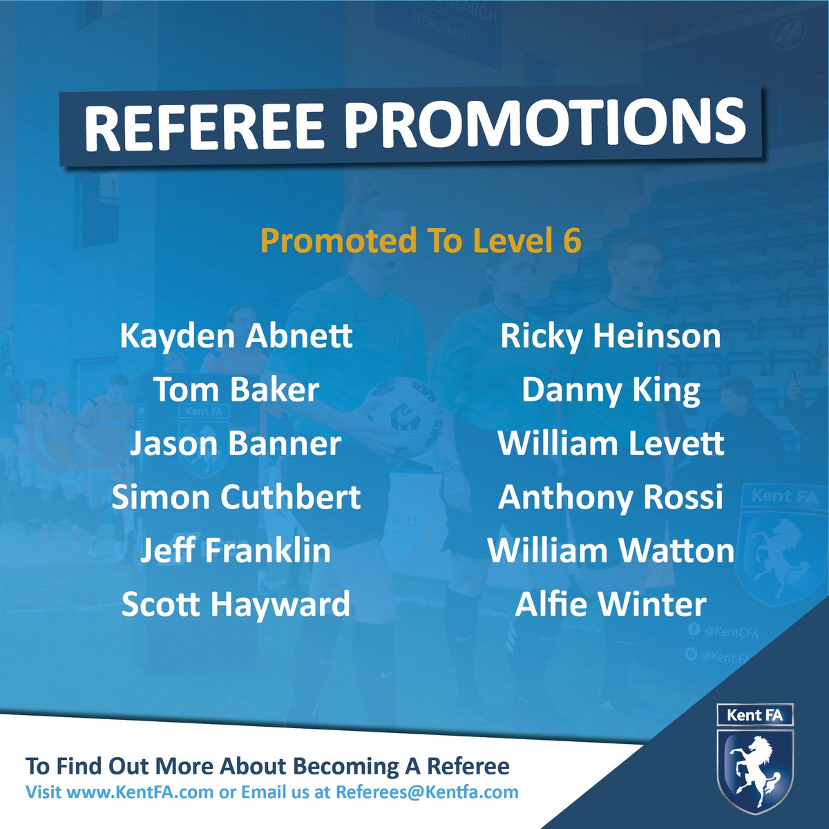 KentFA's tweet photo. REFEREE PROMOTIONS | We are thrilled to announce that the following referees have gained promotion.👏

Congratulations everyone! 🙌

#Kentfootball #Referee #Refereeing #Kent https://t.co/P0LnU9Nh5W