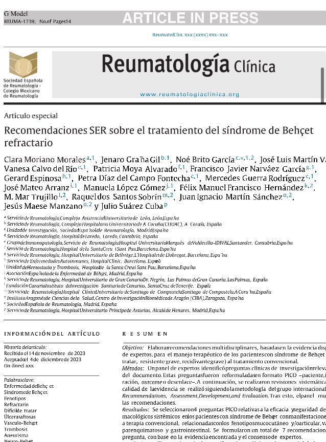 ReumaValdecilla's tweet photo. Ya publicadas en Reumatología Clínica las recomendaciones @SEReumatologia sobre el tratamiento del síndrome de Behçet refractario. 
Enhorabuena a los compañeros @JLMVarillas y @VanesaCalvoRio por su participación y por supuesto a los IP y resto de coautores 💪🏼💪🏼 https://t.co/8ujEtYfA8P