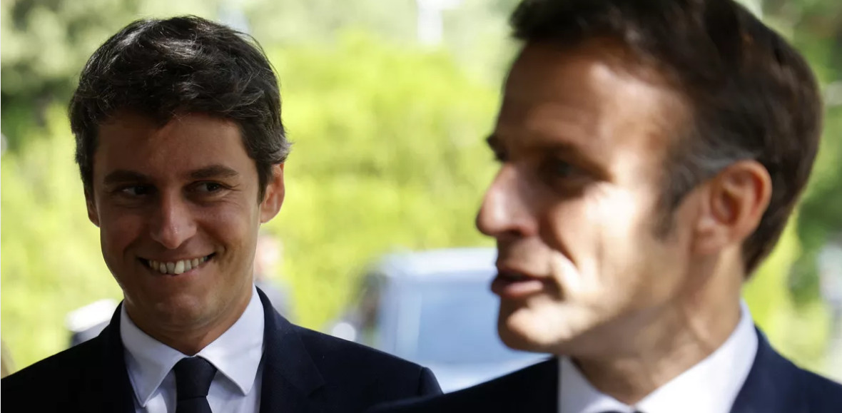 braytenbach's tweet photo. Gabriel Attal and Emmanuel Macron, September 1, 2023. Gays are rushing into big politics. https://t.co/9i1wu1eoqZ