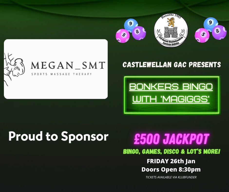 Ahead of Bonkers bingo with Magiggs on the 26th we would like to thank the businesses who have sponsored the event First up is: 

Megan_SMT 👏

Tickets are available via Klubfunder: klubfunder.com/Clubs/Castlewe…

<a href="/Meganoboyle0/">Megan O'Boyle</a> 

🟢⚫️
