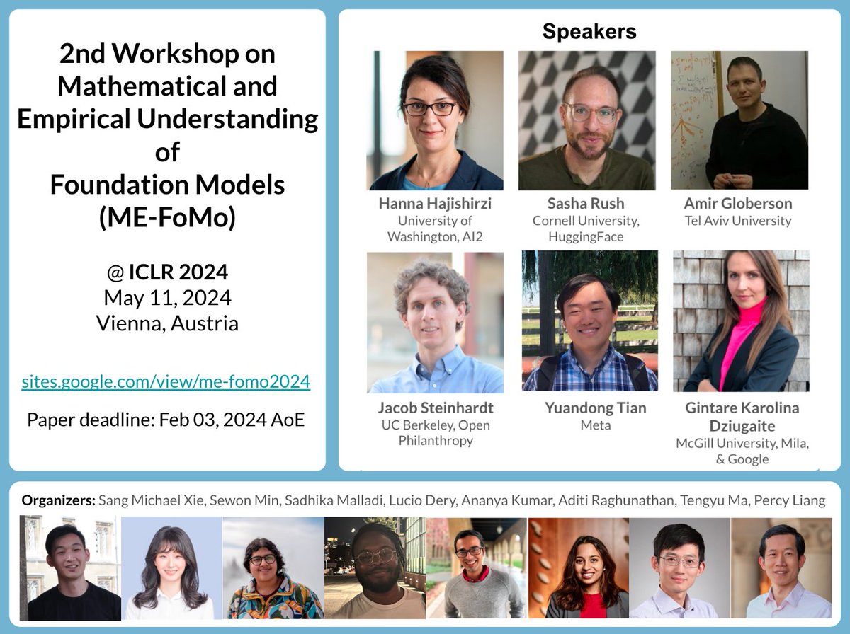 The 2nd ME-FoMo workshop on understanding foundation models will be at ICLR 2024 in Vienna! Topics include pretraining (data, archs), adaptation (instruct tuning, alignment), and emergence. Paper ddl: Feb 3 Website: sites.google.com/view/me-fomo20… OpenReview: openreview.net/group?id=ICLR.…