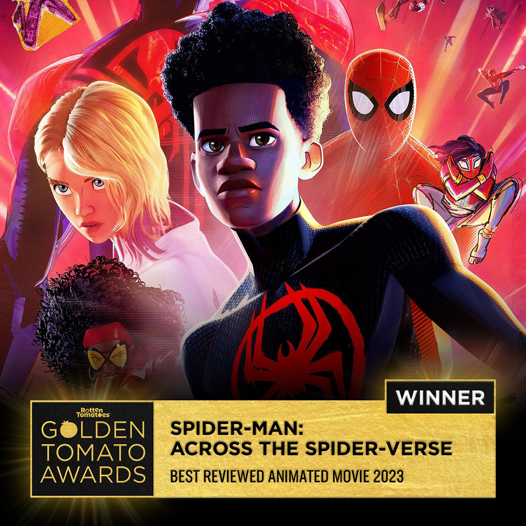 RottenTomatoes's tweet photo. Spider-Man: Across the #Spiderverse wins the #GoldenTomato Award for Best-Reviewed Animated Movie of 2023. https://t.co/GzdquiMjGx https://t.co/N9YQ1xmn7d
