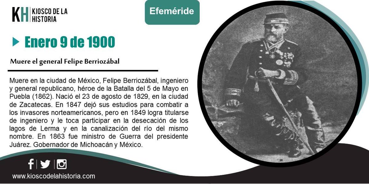 El #9DeEnero de 1900, murió el General Felipe Berriozábal, fue un político, militar liberal e ingeniero mexicano. Participó en la Guerra de Reforma.
🇲🇽⚔️⛓️
Más #Efemérides 👉bit.ly/3vAklnU