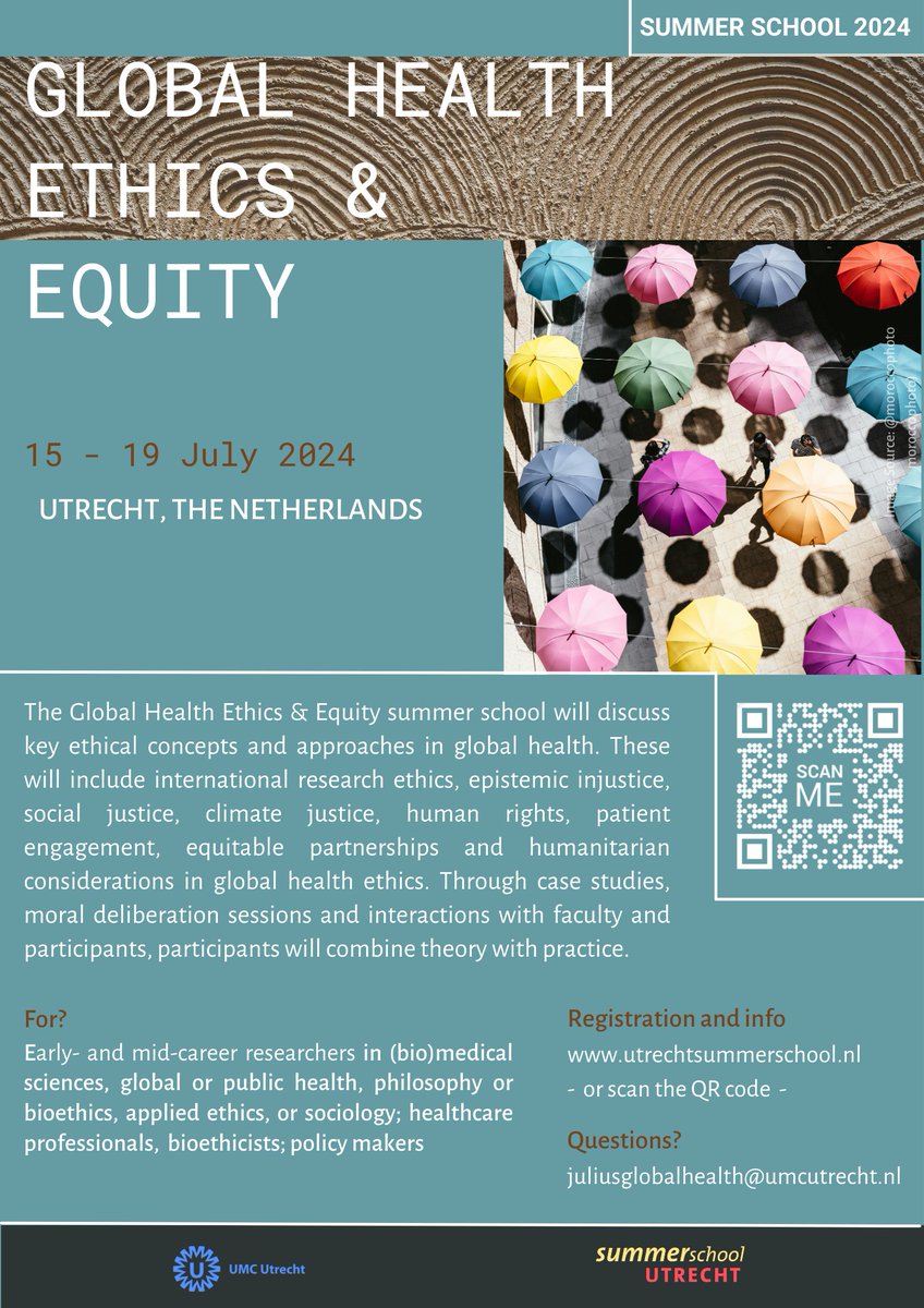 Joyce Browne (@joycebrowne) on Twitter photo ⭐ 🌍 Between 15-19 July 2024, <a href="/riekevdgraaf/">Rieke van der Graaf</a> I will organize another edition of the #GlobalHealth Ethics & Equity summer school with many fantastic faculty members (eg <a href="/seyeabimbola/">Ṣẹ̀yẹ Abímbọ́lá</a>, <a href="/Ammer_B/">Amrish Baidjoe</a>, @JudithvdKamp!).
More info: utrechtsummerschool.nl/courses/life-s… ⭐ 🌍 Between 15-19 July 2024, <a href="/riekevdgraaf/">Rieke van der Graaf</a> I will organize another edition of the #GlobalHealth Ethics & Equity summer school with many fantastic faculty members (eg <a href="/seyeabimbola/">Ṣẹ̀yẹ Abímbọ́lá</a>, <a href="/Ammer_B/">Amrish Baidjoe</a>, @JudithvdKamp!).
More info: utrechtsummerschool.nl/courses/life-s…