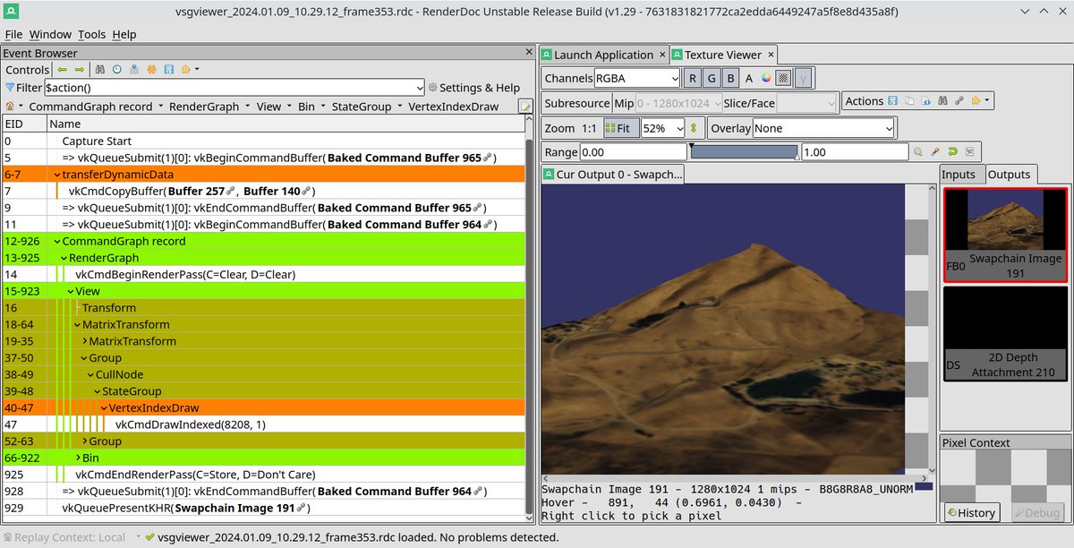 The new vsg::GpuAnnotation instrumentation class records labels with colours into the Vulkan/vsg::CommandBuffer using the VK_EXT_debug_utils extension, which #RenderDoc can use to annotate all the commands enabling users to see how scene graph nodes map directly to GPU.