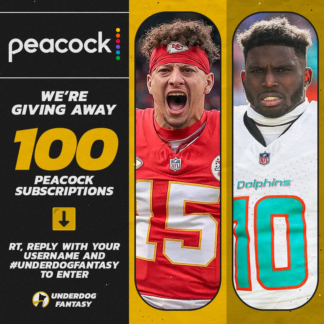 Underdog's tweet image. The NFL is doing everything in their power to stop you from watching Chiefs/Dolphins, but we won't let them.

We are giving out 100 Peacock subscriptions for this month! To enter, just...

1️⃣ Follow us
2️⃣ Repost this 
3️⃣ Reply with #UnderdogFantasy and your Underdog Username