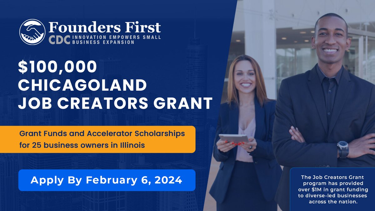 Attention #Illinois Business Owners! We are excited to announce the 2024 Chicagoland Job Creators Grant - $100,000 in grant rewards for 25 businesses across the state of Illinois. Apply before February 6, 2024: ff-cdc.org/3HbKxYF #ChicagoBusiness #IllinoisSmallBusiness