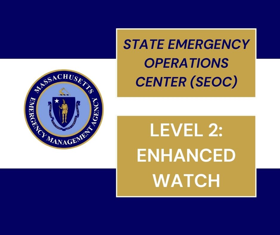 MassEMA's tweet photo. Beginning early Wed. morning, the State Emergency Operations Center (SEOC) at MEMA HQ will transition to Level 2 (Enhanced Watch) &amp; MEMA��s Regional EOCs will activate to facilitate any requests for assistance that may arise from communities impacted by the storm. #MAwx https://t.co/UHRpcsl4T4