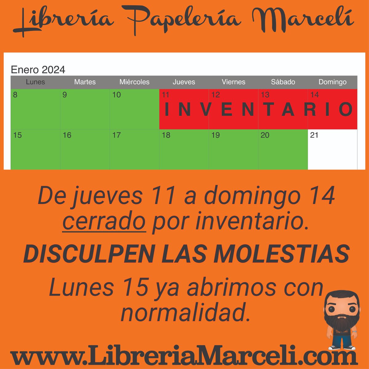 Este jueves cerramos por inventario anual, volvemos el lunes sin falta. 

Disculpen las molestias.

#LibreriaMarceli #Aspe #Inventario #Stock