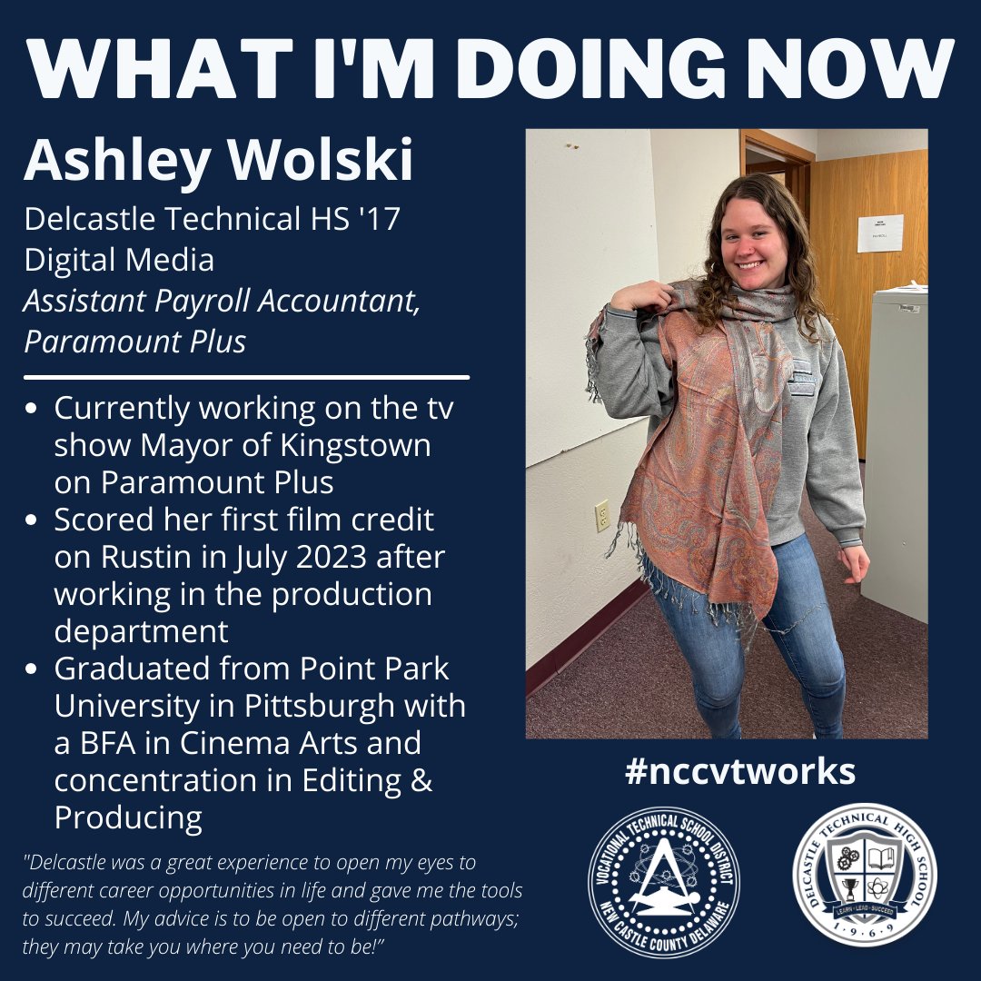 #WhereAreTheyNowWednesday
Seeing her name in movie credits was a dream come true for <a href="/delcastle_ths/">Delcastle Technical High School</a> alum Ashley Wolski, whose work ethic helped her land a position w/ the Netflix film Rustin. Now she works in tv &amp; is open to whatever comes next. Her journey shows how #nccvtworks!