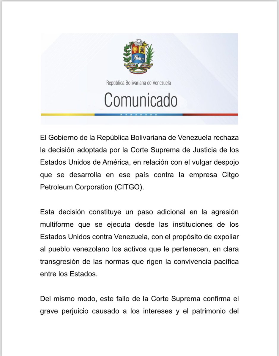 Mincyt_VE's tweet photo. #9Ene | Venezuela rechaza decisión adoptada por Corte Suprema de Justicia de EEUU sobre CITGO

Más detalles en ➡️ https://t.co/pkBQ78FoRt

#SifontesLlegaAlPanteón https://t.co/aFoudX2w5H