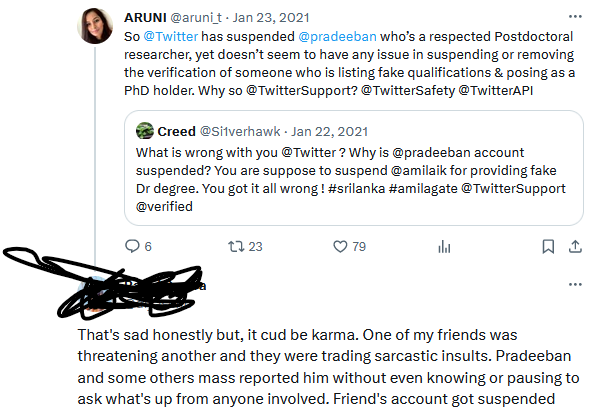 pradeeban's tweet photo. @shehal @dinidu Amila Kankana. Look for #amilagate for more details.

Many of these folks (Not @dinidu) celebrated my ban, because I had irked a lot of folks by being a Sri Lanka Twitter P0lice by then.

(Some said, "It was karma his account was banned." Name hidden since I am not seeking wali.) https://t.co/mMpXxjPK3i