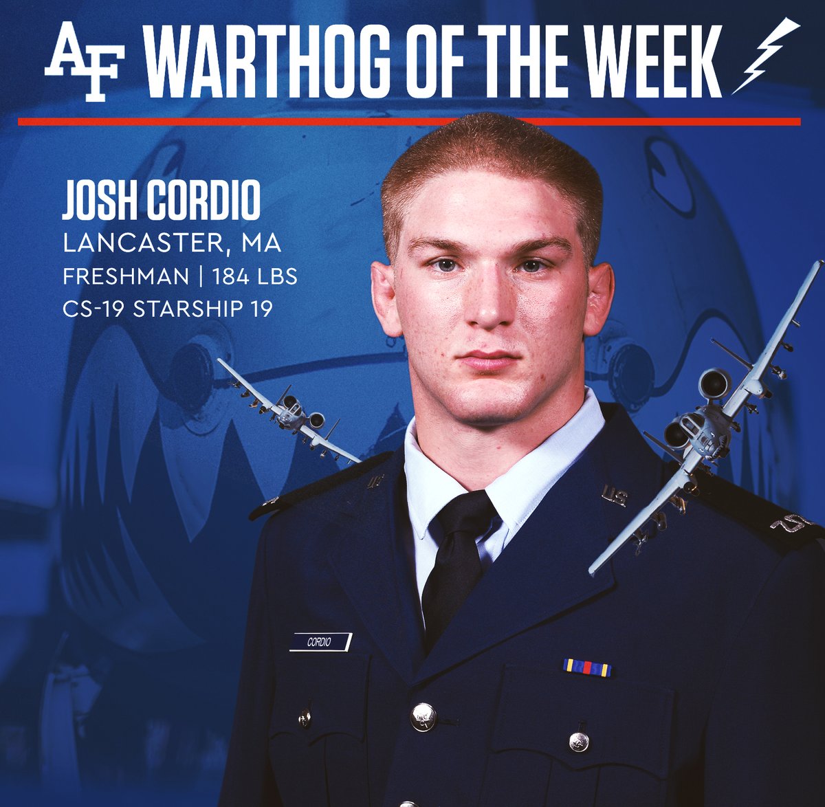AF_Wrestle's tweet photo. Freshman Josh Cordio is our first Warthog of the Week of 2024! 
⚡️Placed 4th at the David Lehman Open
⚡️Showed toughness and grit in winning three SV matches
⚡️Placed higher than six seeded wrestlers
⚡️Civil engineering major
GO FALCONS!! 🐗⚡️#FlyFightWin https://t.co/67IgwfxT1l