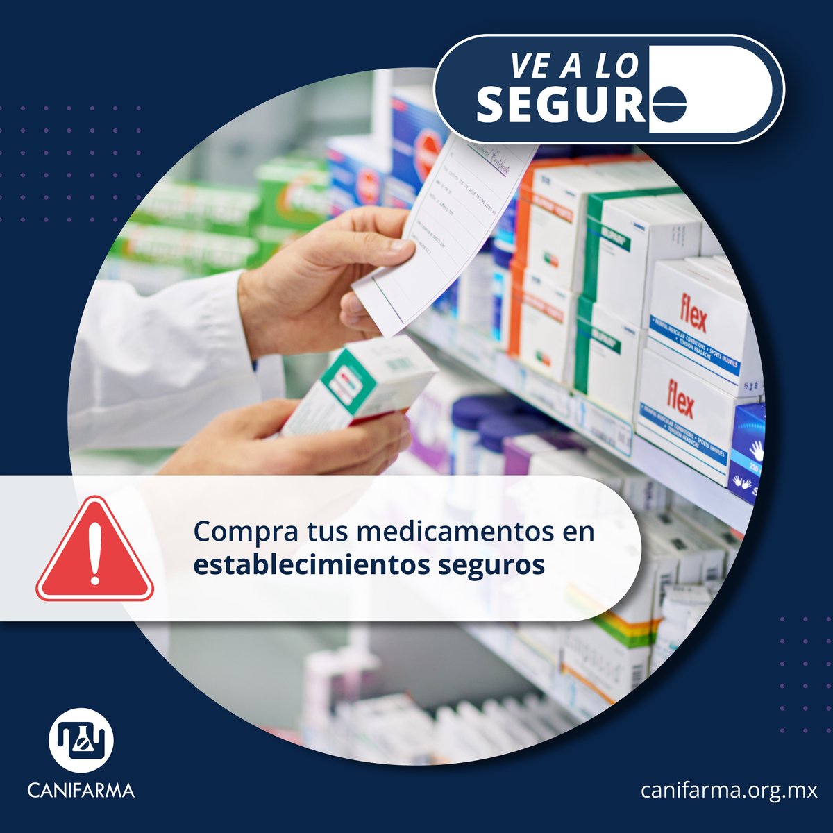 canifarma's tweet photo. Comprar medicamentos 💊en mercados ambulantes, tianguis, transporte público 🚌o la vía pública, es un riesgo para tu salud y la de tus seres queridos.

Adquiere tus medicamentos en establecimientos autorizados. 

Por un consumo seguro de medicamentos, #VealoSeguro. https://t.co/dL5WAvPjLg
