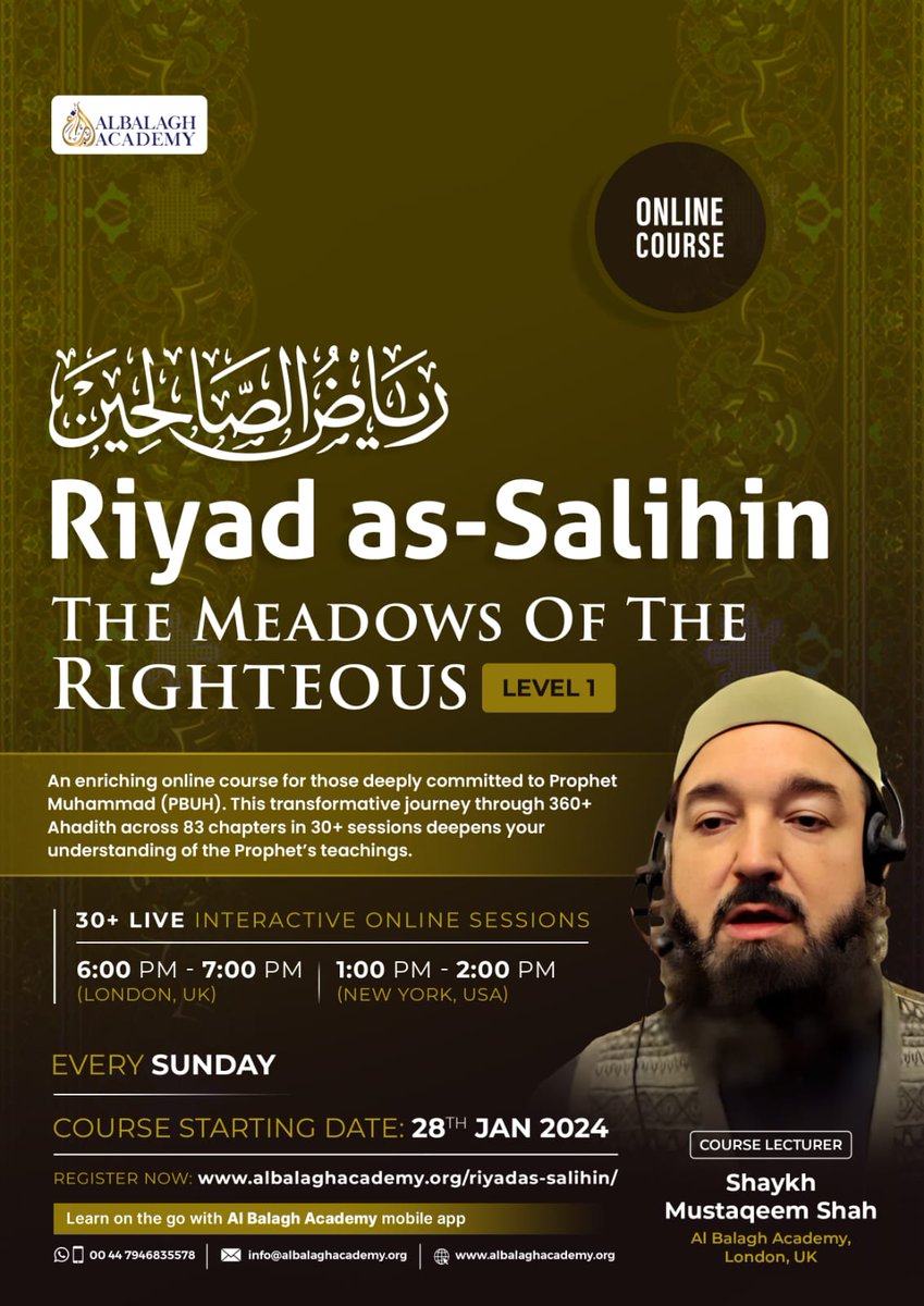 AlBalaghAcademy's tweet image. 🌟Embark on a transformative journey with our online course. Immerse in the wisdom of 360+ Ahadith across 83 chapters in 30+ sessions, guided by a reliable Sharia Scholar. 📚🌿

📅28th Jan 2024
🔗albalagh.org/3vxd8oY

 #Ahadith #ShariaScholar  #Wisdom #Inspiration