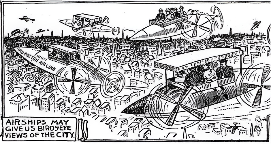 In 1900, @BostonGlobe artists imagined what their city would look like by 2000. Predictions included moving sidewalks and airships in the sky. They foresaw more traffic: “... even airships would not solve the transit question in a city like Boston.” Credit: @SmithsonianMag