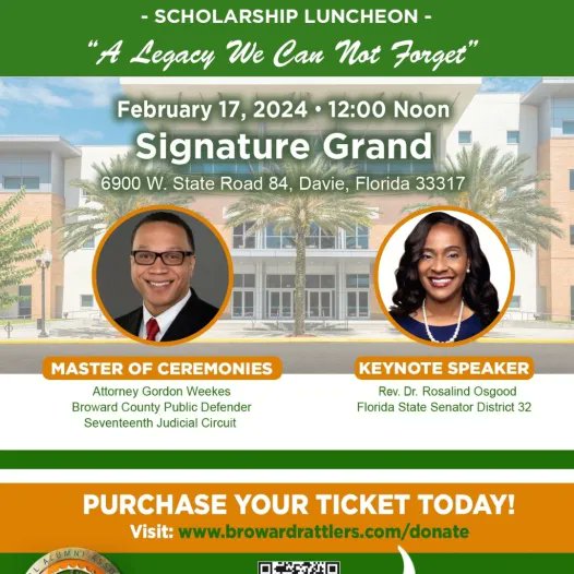 Attorney Benjamin Lampkin, Jr. FAMU College of Law Scholarship Luncheon
Your commitment to supporting the FAMU NAA Broward County Chapter College of Law Scholarship Fund is sincerely appreciated.