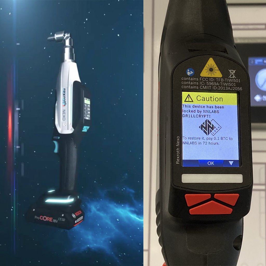 This wrench can get infected by ransomware.  DRILLCRYPT, to be precise.

Essential for precision manufacturing, the Bosch device can be exploited with no authentication, disrupting an entire factory floor.

Torque values can be subtly changed to cause chaos in an assembly line.